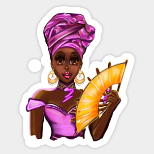 Queen Black is beautiful Anime Manga black girl with Purple headdress, necklace, earrings, gold dress and head wrap, brown eyes and dark brown skin ! Sticker